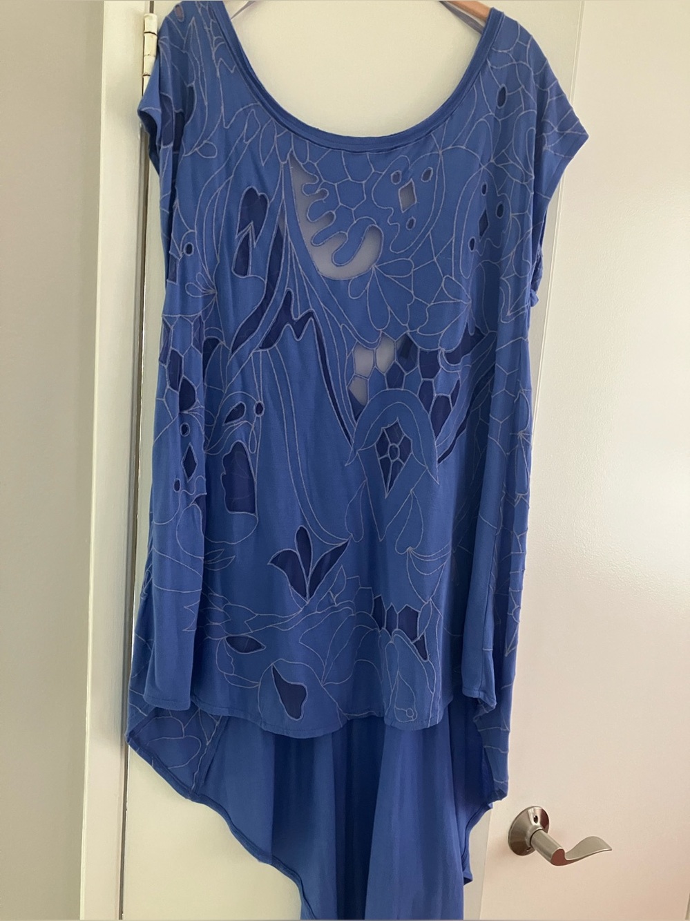 Free People Vintage Blue High and Low Cutout Broderie anglaise Tunic Top